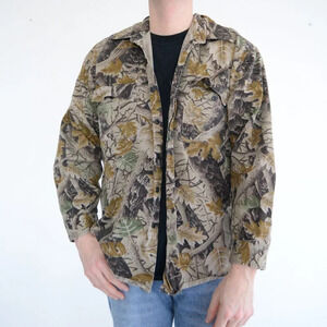 Vintage Master Sportsman Tan Brown & Camo Hunting Print 100%  Thick Cotton Shirt